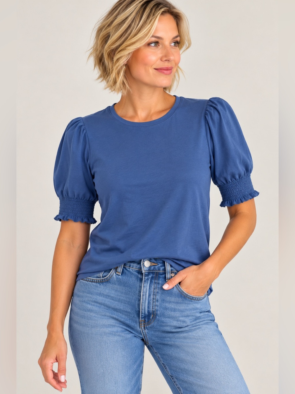 Boden Short Sleeve Smocked Cuff Puff Sleeve Top Blue US 10
